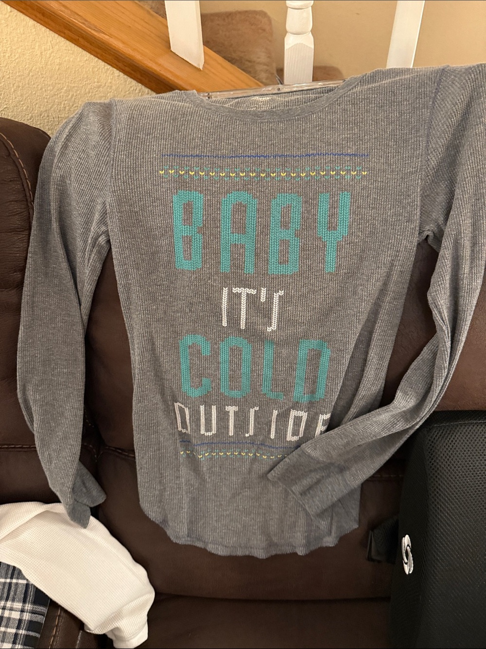 Womens Long-Sleeve Gray Graphic Tee - 'Baby It's Cold Outside'